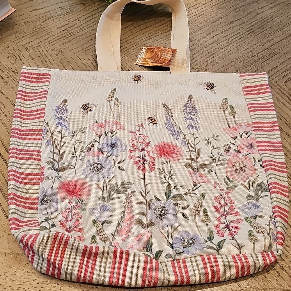 Floral Canvas Tote Bag - Cream and Pink With Beads NWT
